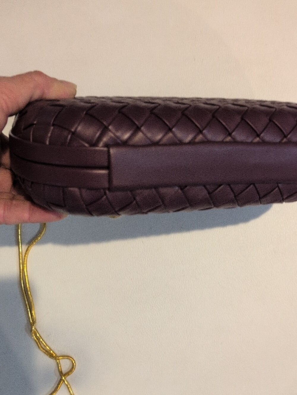 Woven Leather Purple Crossbody Clutch with Gold Chain - Picture 5 of 16